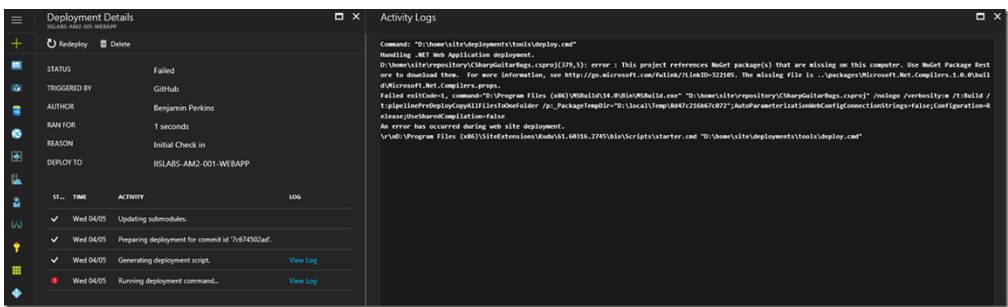 Failed to deploy from GitHub to Azure App Service Web App, missing ...